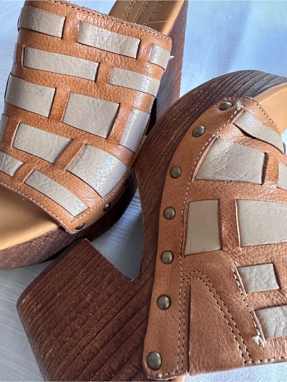Kork-Ease Charissa Two-Tone Woven Leather Platform Clogs Mules | 9 - Picture 11 of 12